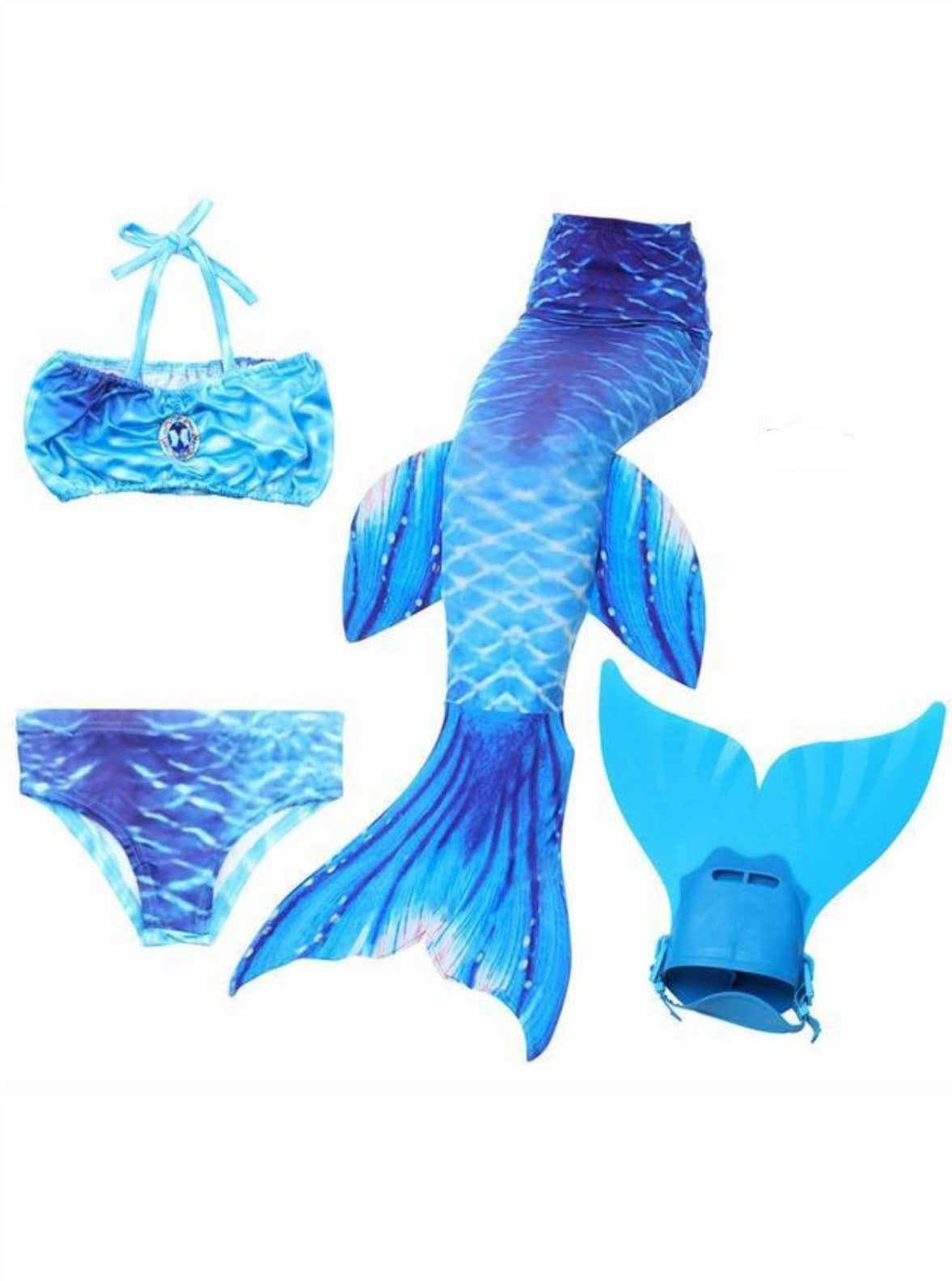 Girls 4 Piece Mermaid Set with Two Piece Swimsuit Mermaid Tail & Monofin - Blue / 4T - Girls Mermaid Swimsuit