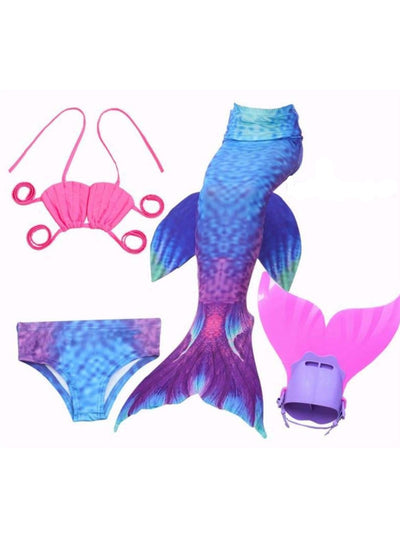 Girls 4 Piece Mermaid Set with Two Piece Swimsuit Mermaid Tail & Monofin - Blue & Hot Pink / 4T - Girls Mermaid Swimsuit