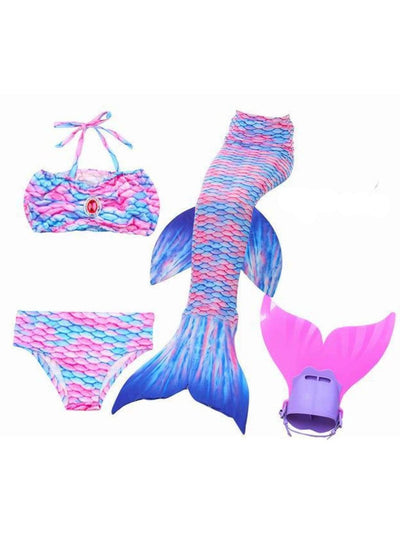 Girls 4 Piece Mermaid Set with Two Piece Swimsuit Mermaid Tail & Monofin - Pink & Blue / 4T - Girls Mermaid Swimsuit