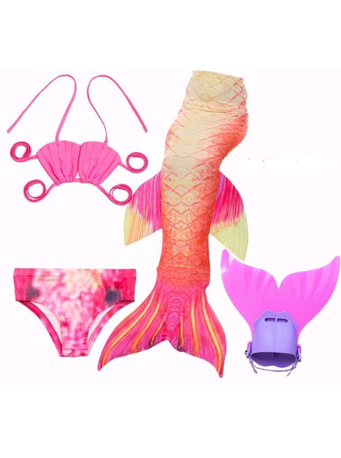 Girls 4 Piece Mermaid Set with Two Piece Swimsuit Mermaid Tail & Monofin - Pink & Orange / 4T - Girls Mermaid Swimsuit