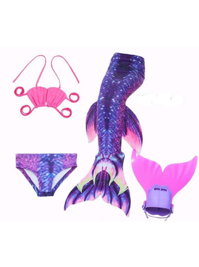 Girls 4 Piece Mermaid Set with Two Piece Swimsuit Mermaid Tail & Monofin - Purple / 4T - Girls Mermaid Swimsuit