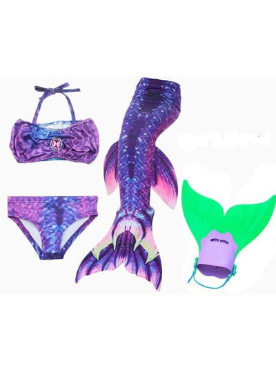 Girls 4 Piece Mermaid Set with Two Piece Swimsuit Mermaid Tail & Monofin - Purple & Green / 4T - Girls Mermaid Swimsuit