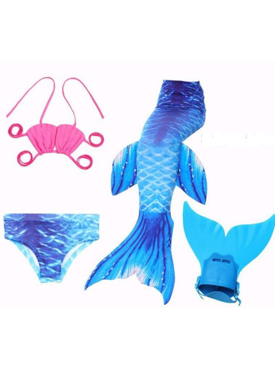 Girls 4 Piece Mermaid Set with Two Piece Swimsuit Mermaid Tail & Monofin - Royal Blue / 4T - Girls Mermaid Swimsuit