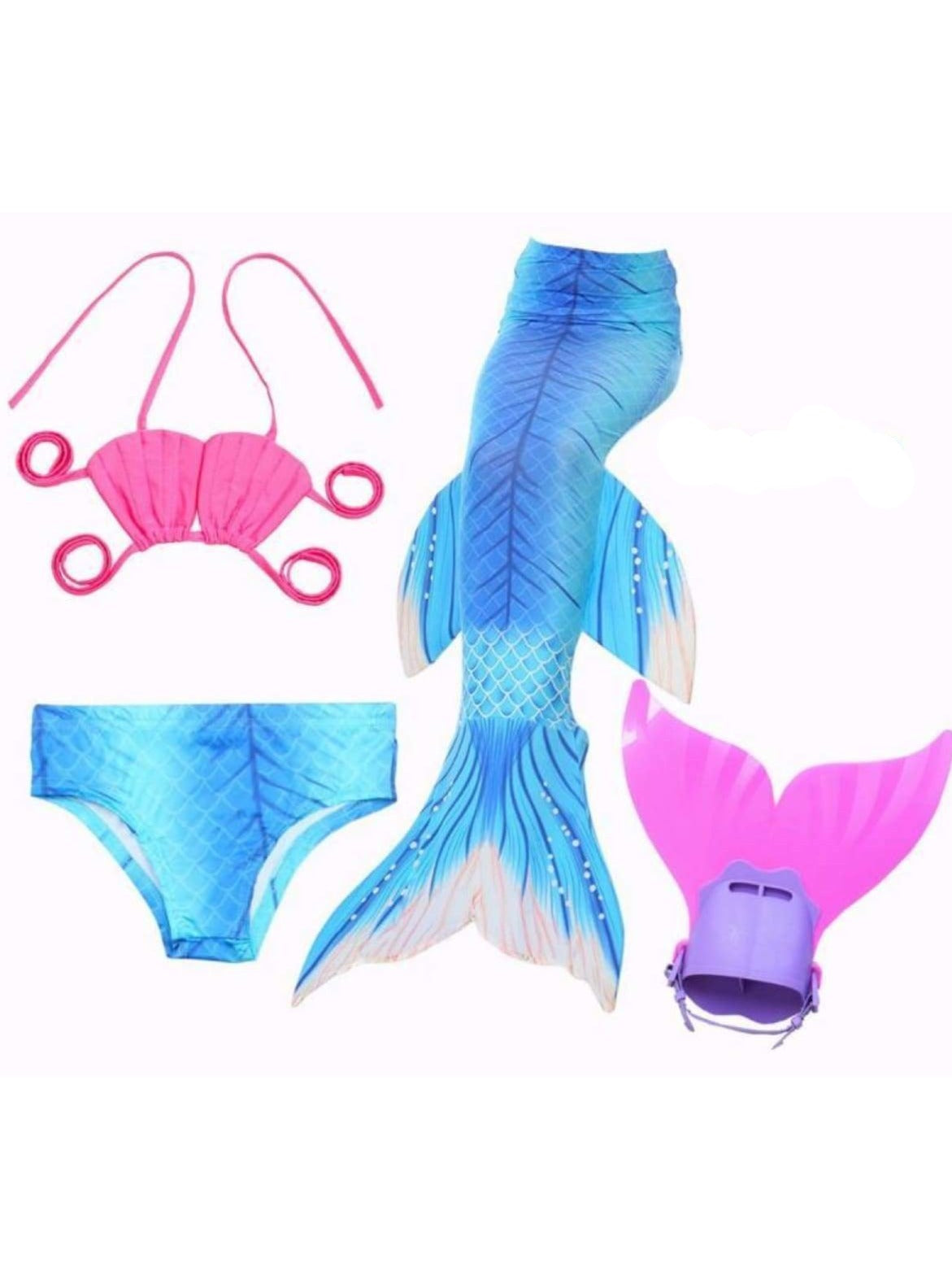 Girls 4 Piece Mermaid Set with Two Piece Swimsuit Mermaid Tail & Monofin - Turquoise / 4T - Girls Mermaid Swimsuit