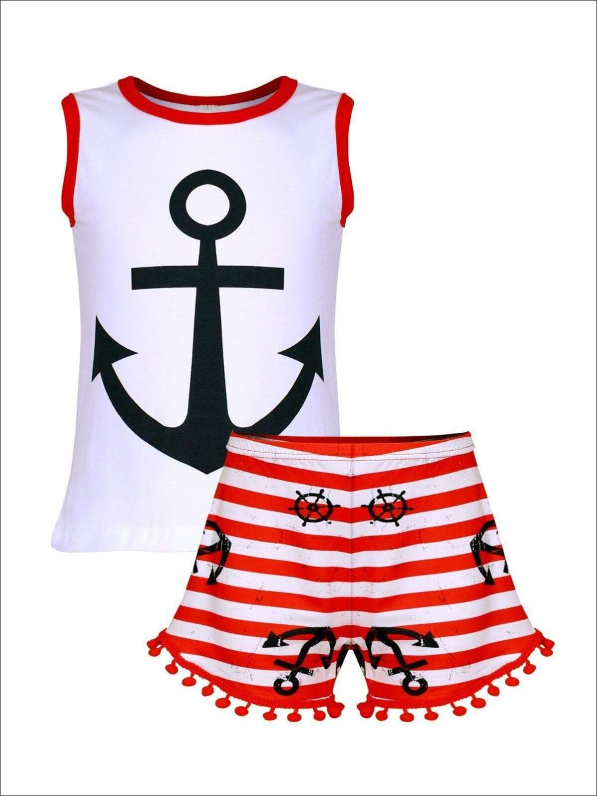 Girls 4th of July Nautical Sleeveless Printed Top & Striped Anchor Print Pom Pom Shorts Set - Red white blue / XS-2T - Girls Spring Casual