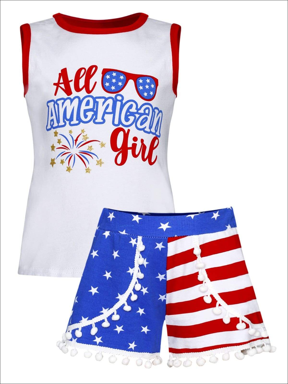Girls 4th of July Themed All American Girl Tank & American Flag Print Pom Pom Shorts Set - Blue / XS-2T - Girls 4th of July Set