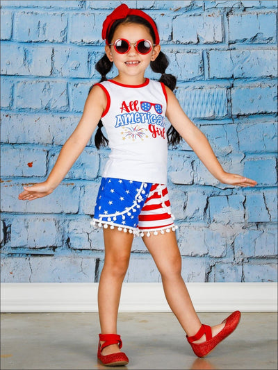 Girls 4th of July Themed All American Girl Tank & American Flag Print Pom Pom Shorts Set - Girls 4th of July Set