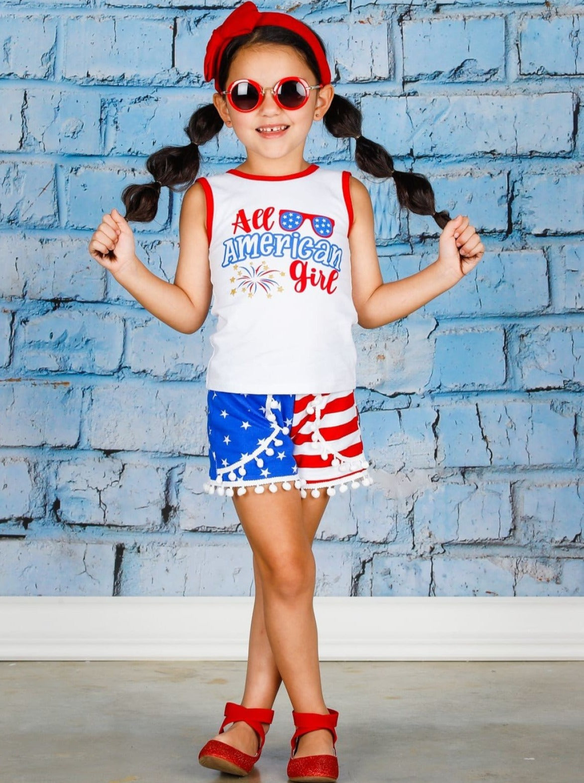 Girls 4th of July Themed All American Girl Tank & American Flag Print Pom Pom Shorts Set - Girls 4th of July Set
