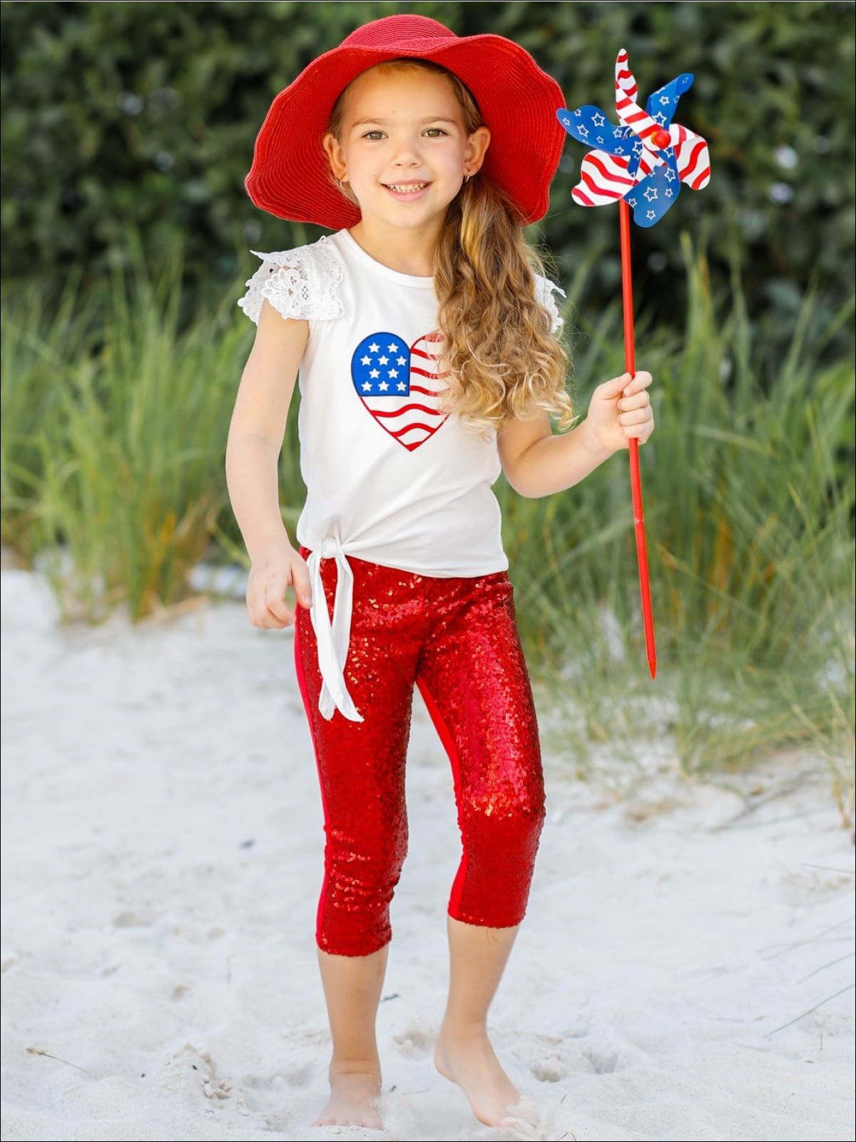 Girls 4th of July Themed American Flag Heart Top & Sequin Leggings Set - Girls 4th of July Set