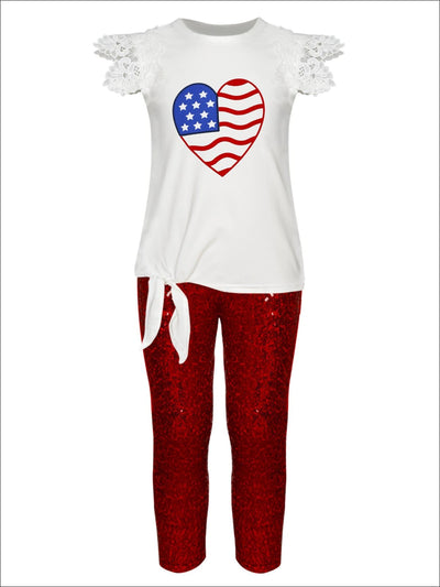 Girls 4th of July Themed American Flag Heart Top & Sequin Leggings Set - Red / S-3T - Girls 4th of July Set