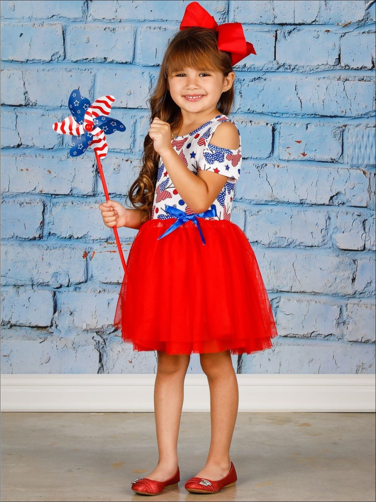 Girls 4th of July Themed Cold Shoulder Tutu Dress with Bow - Girls 4th of July Dress