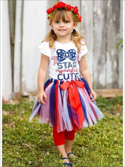 Girls 4th of July Themed Flutter Sleeve Printed Top & Bow Tutu Skirt Set - Girls 4th of July Set