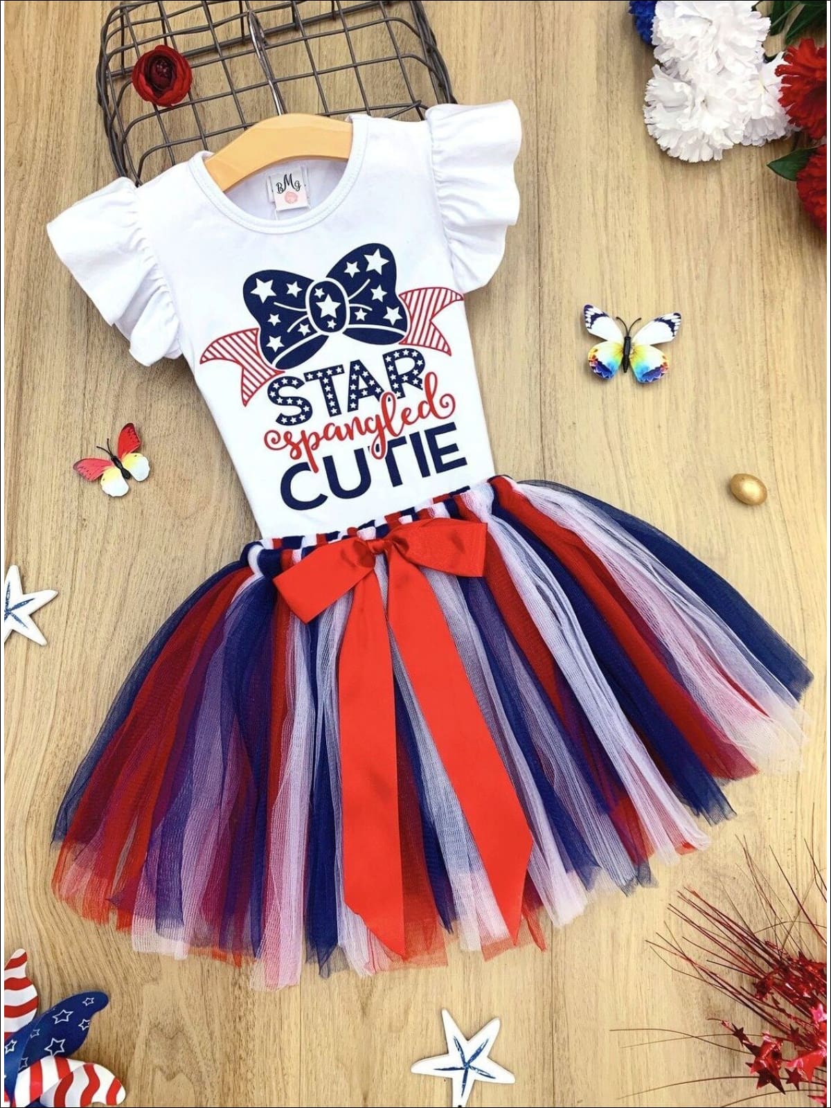 Girls 4th of July Themed Flutter Sleeve Printed Top & Bow Tutu Skirt Set - Red / 2T - Girls 4th of July Set