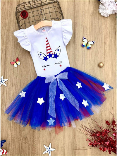 Girls 4th of July Outfits | USA Unicorn Top & Star Tutu Skirt Set