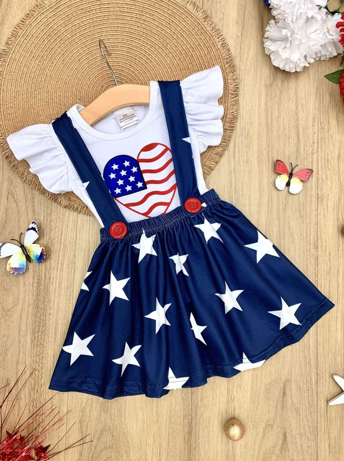 Girls 4th of July Outfits | USA Heart Top & Star Suspender Skirt Set