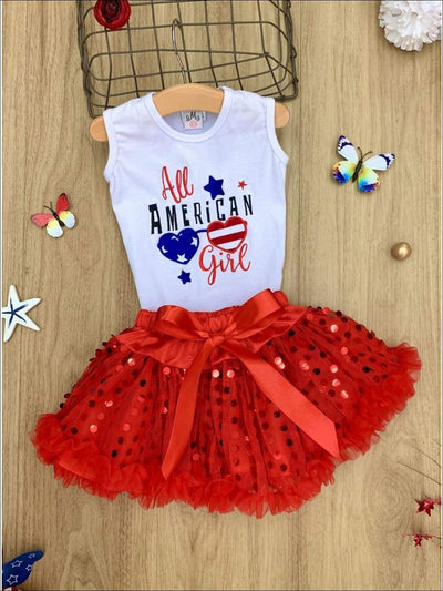 Girls 4th of July Themed Graphic Tank & Bow Sequin Skirt Set - Blue / XS-2T - Girls 4th of July Set