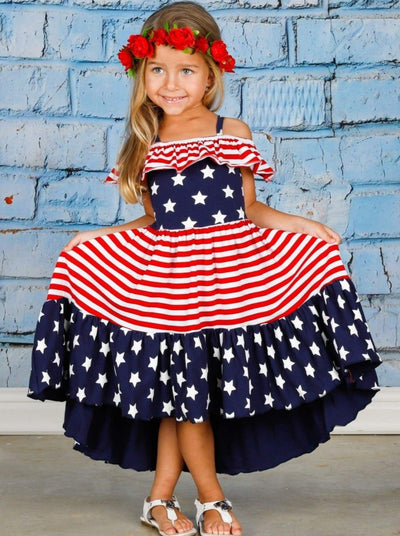Girls 4th of July Clothes | US Flag Hi-Lo Cold Shoulder Ruffle Dress