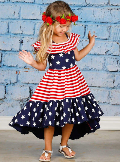 Girls 4th of July Clothes | US Flag Hi-Lo Cold Shoulder Ruffle Dress