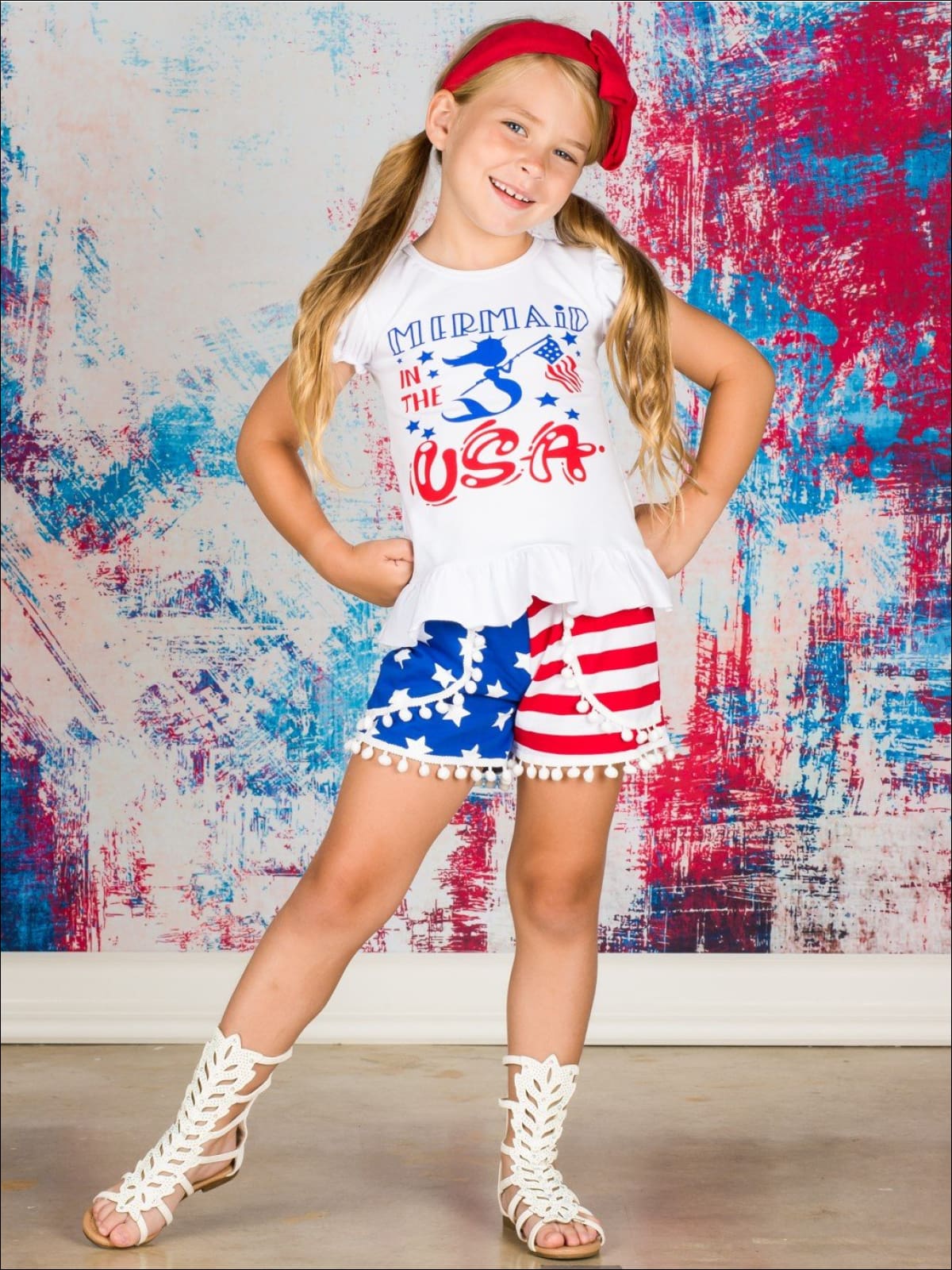 Girls 4th of July Themed Mermaid in the USA Ruffled Top & American Flag Print Pom Pom Shorts Set - Girls 4th of July Set