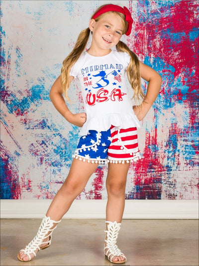 Girls 4th of July Themed Mermaid in the USA Ruffled Top & American Flag Print Pom Pom Shorts Set - Girls 4th of July Set