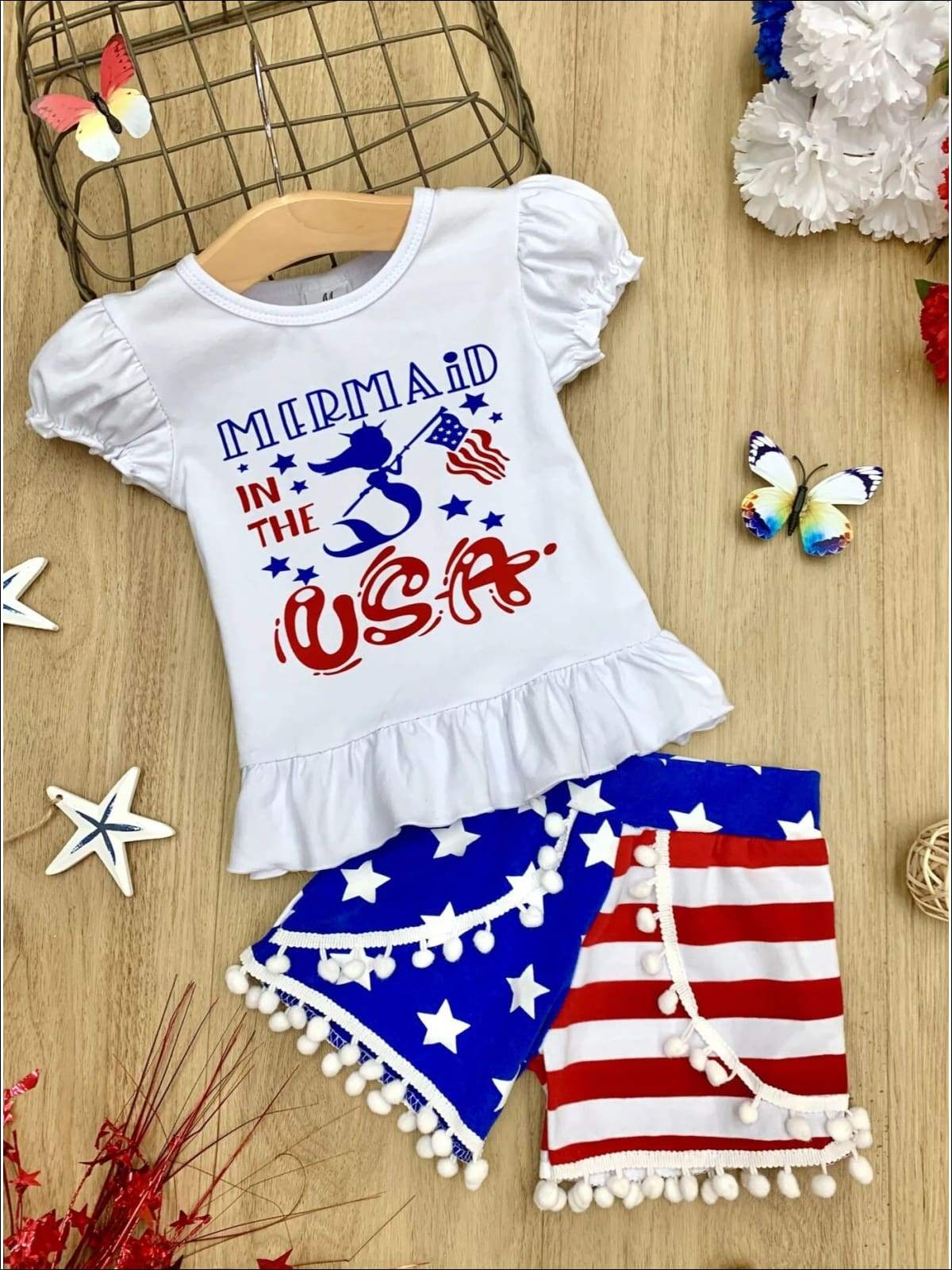 Girls 4th of July Themed Mermaid in the USA Ruffled Top & American Flag Print Pom Pom Shorts Set - Blue / XS-2T - Girls 4th of July Set