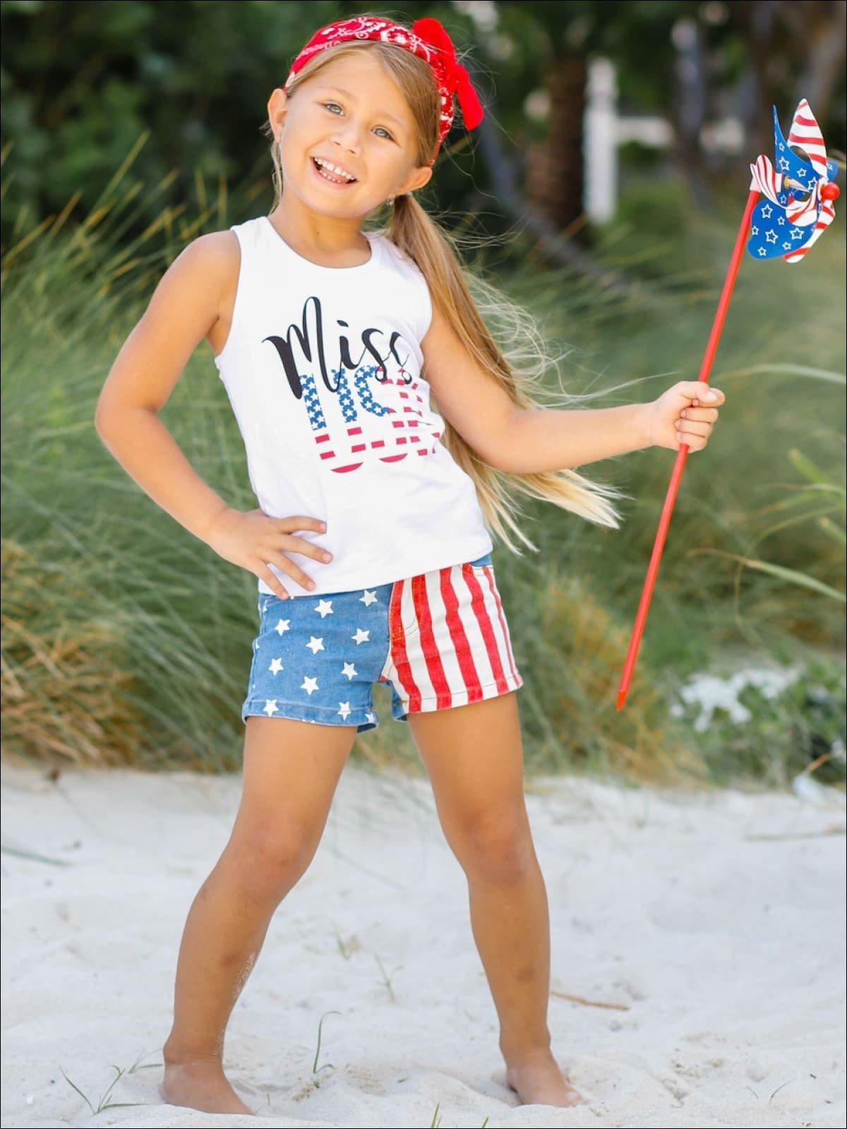 Girls 4th of July Themed Miss USA Tank & American Flag Denim Shorts - Girls 4th of July Set