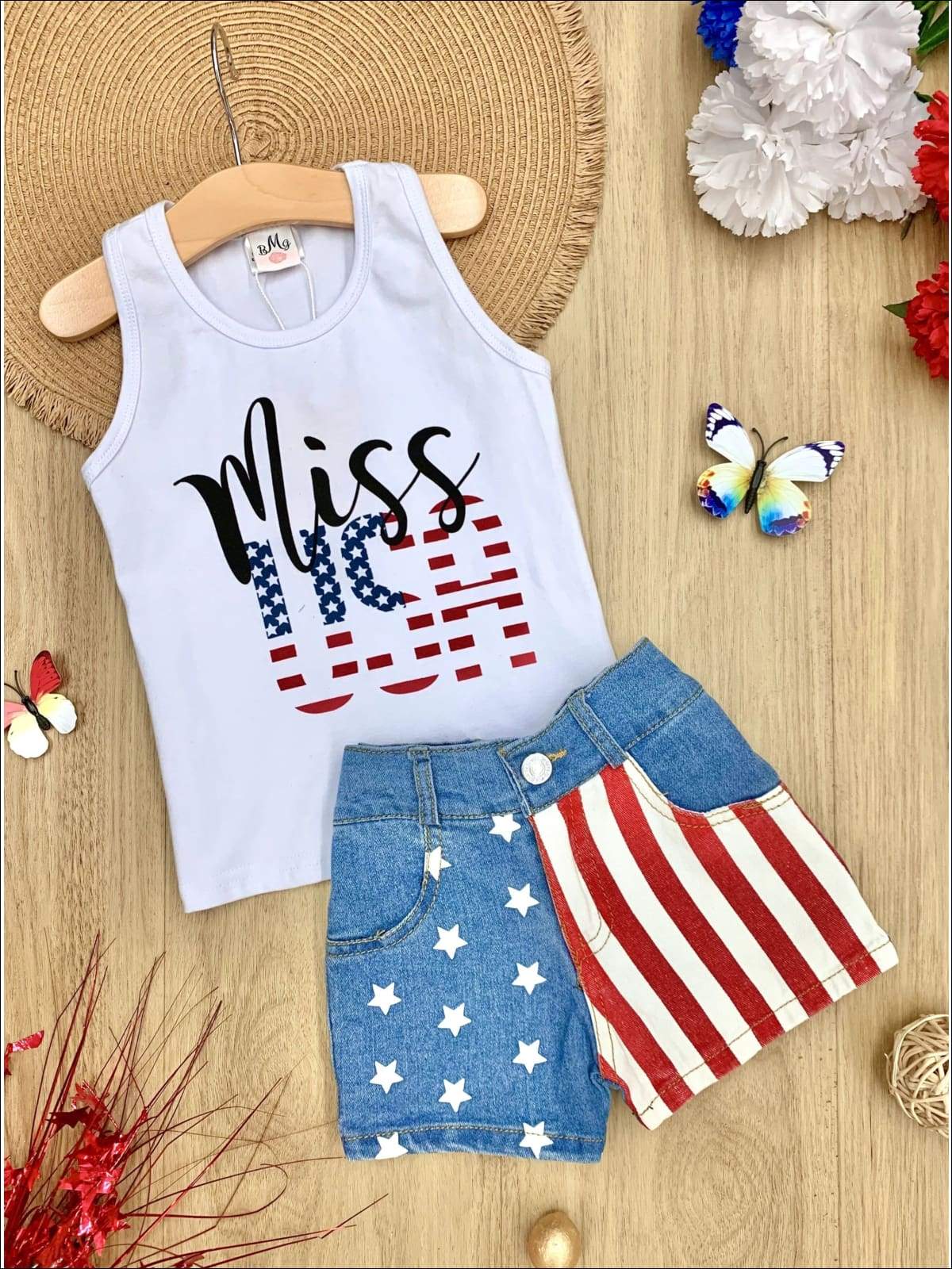 Girls 4th of July Themed Miss USA Tank & American Flag Denim Shorts - White / S-3T - Girls 4th of July Set