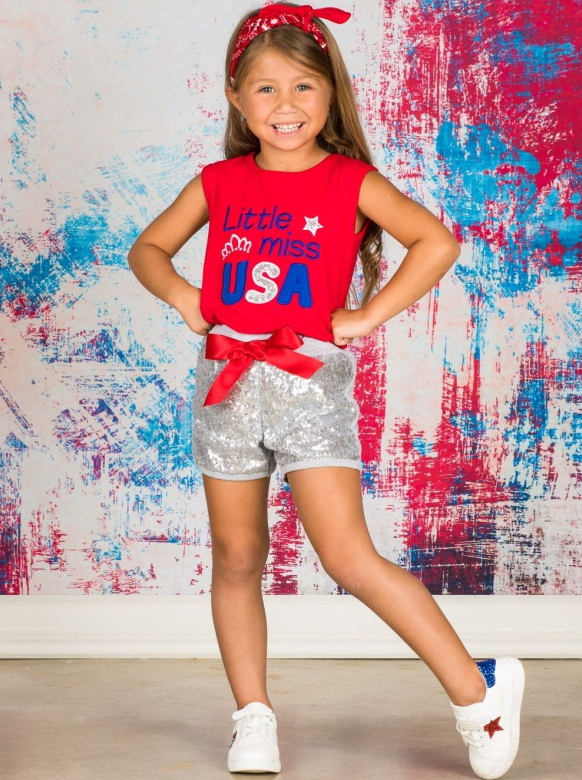 Girls 4th of July Themed Printed Top & Sequin Bow Shorts Set - Girls 4th of July Set
