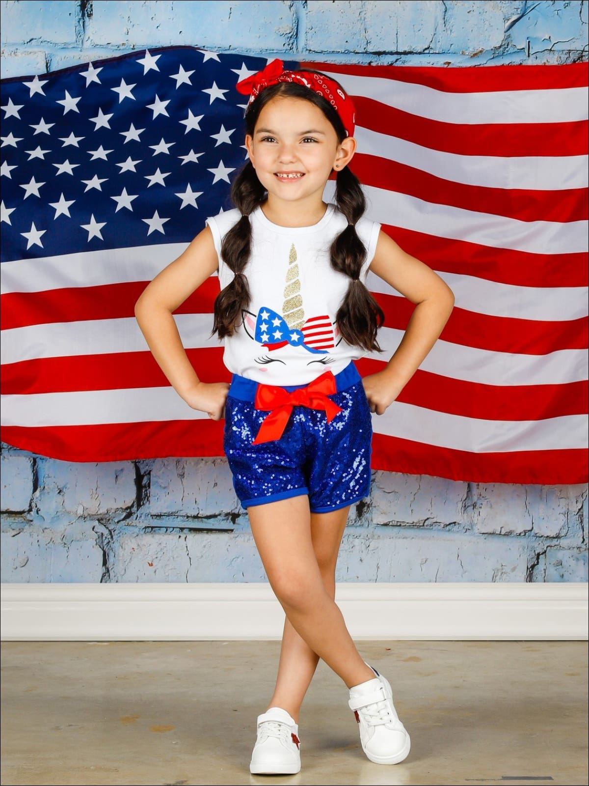 Girls 4th of July Themed Printed Top & Sequin Bow Shorts Set - Girls 4th of July Set