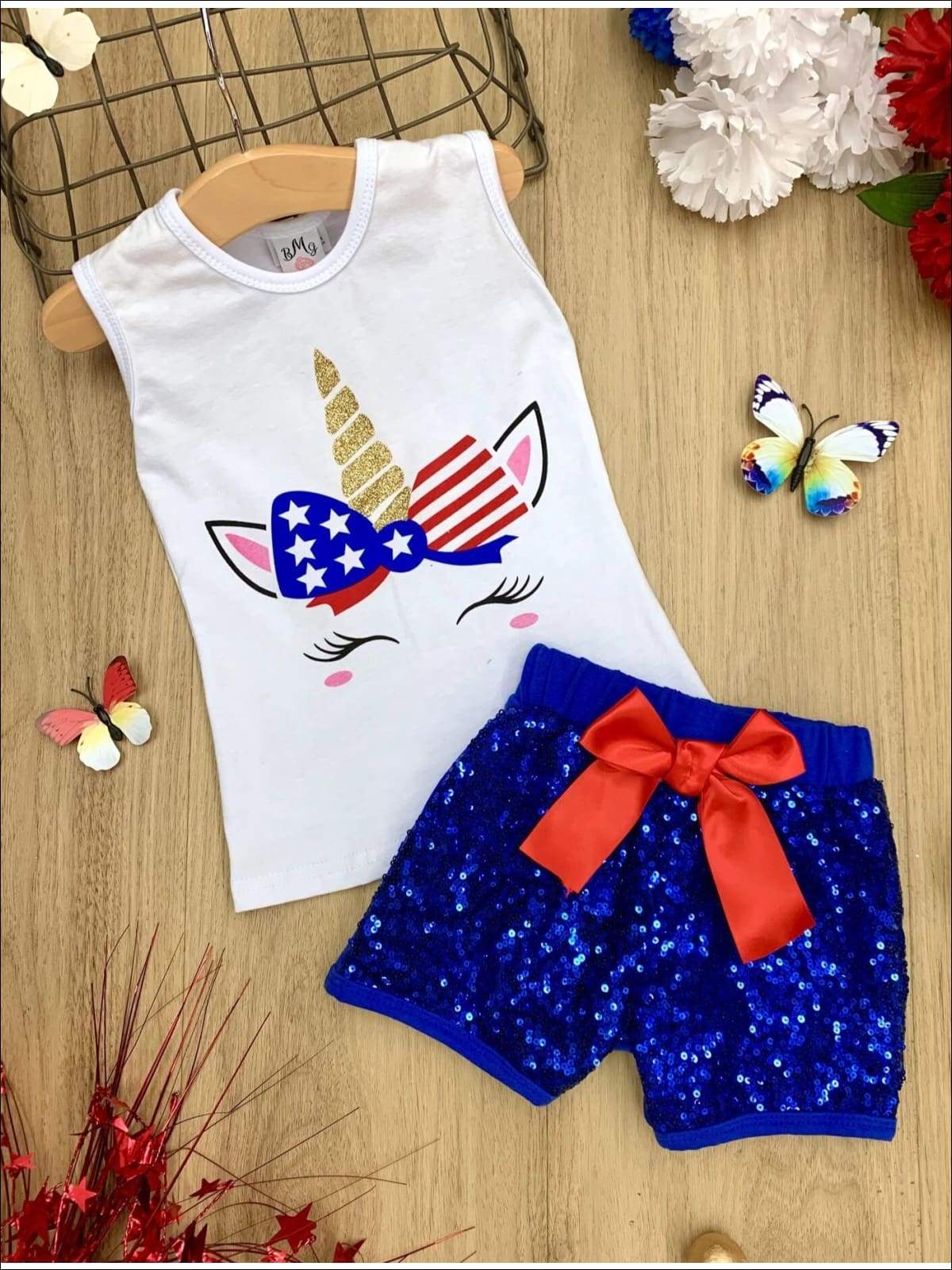 Girls 4th of July Themed Printed Top & Sequin Bow Shorts Set - Navy / XS-2T - Girls 4th of July Set