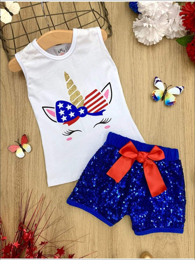 Girls 4th of July Themed Printed Top & Sequin Bow Shorts Set - Navy / XS-2T - Girls 4th of July Set