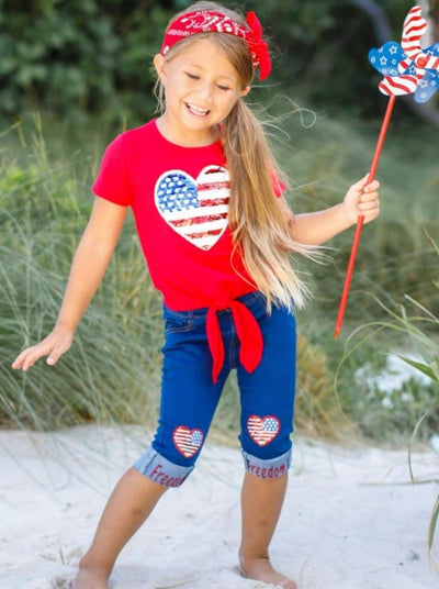 Girls Heart of the Free Knot Top and Cuffed Jeans Set - Girls 4th of July Set