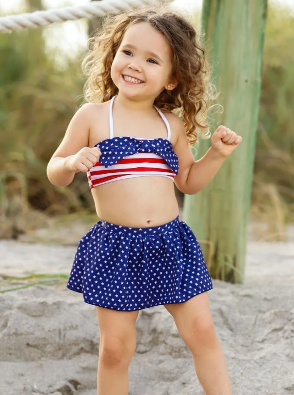 Girls 4th of July Themed Skirted One Piece & Two Piece Swimsuit with Matching Headband (2 styles) - Red/White/Blue / Two Piece / XS-2T -