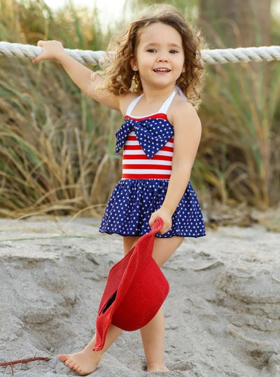 Girls 4th of July Themed Skirted One Piece & Two Piece Swimsuit with Matching Headband (2 styles) - Red/White/Blue / One Piece / XS-2T -