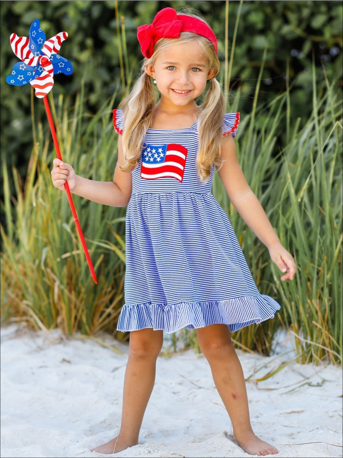 Girls 4th of July Themed Striped Flutter Sleeve American Flag Applique Ruffled Dress - Girls 4th of July Dress