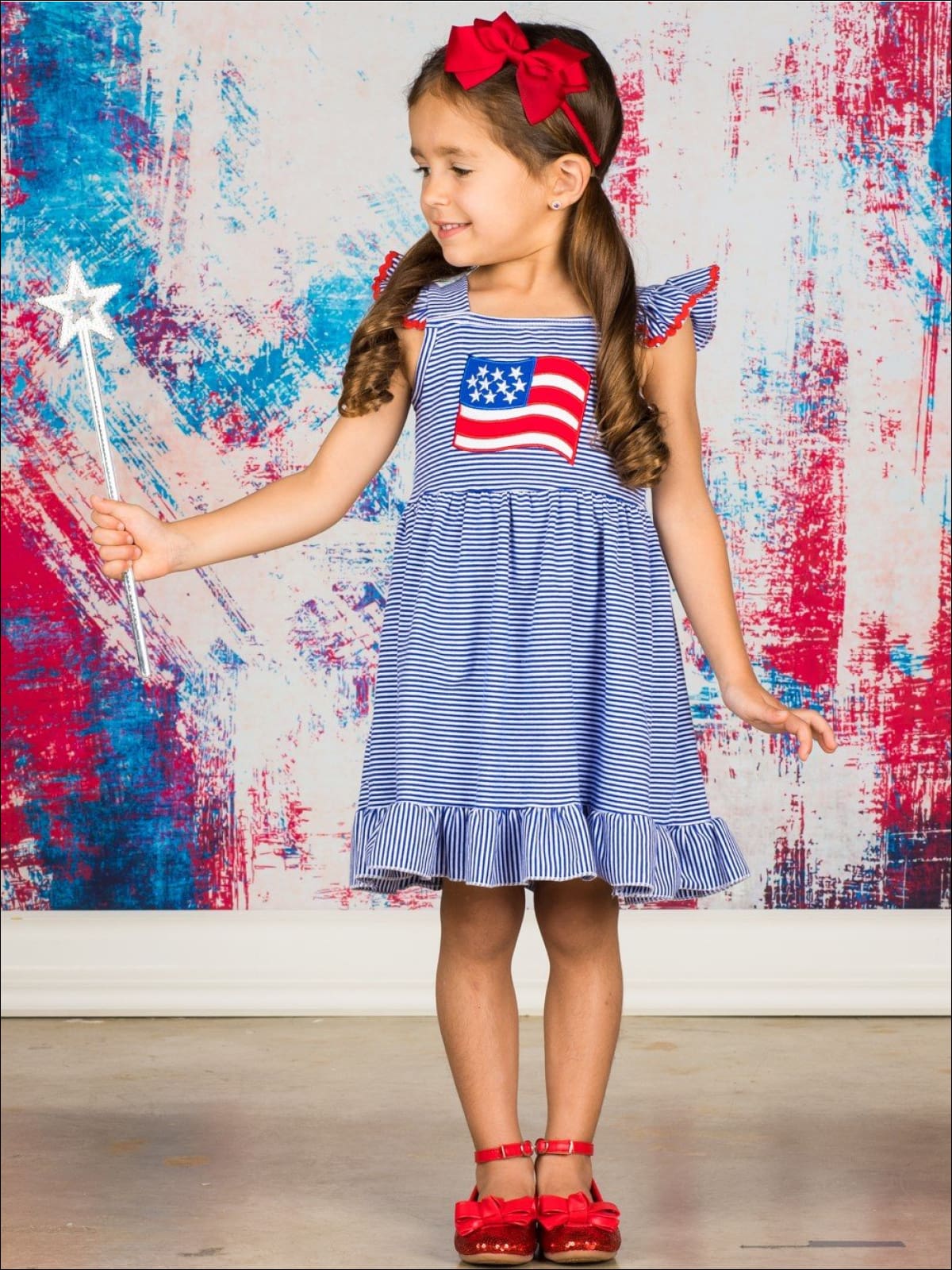 Girls 4th of July Themed Striped Flutter Sleeve American Flag Applique Ruffled Dress - Girls 4th of July Dress