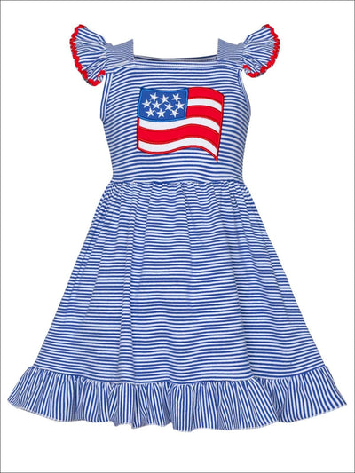 Girls 4th of July Themed Striped Flutter Sleeve American Flag Applique Ruffled Dress - Blue / XS-2T - Girls 4th of July Dress
