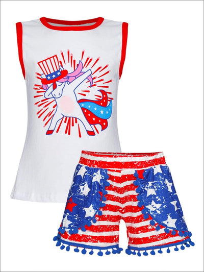 Girls 4th of July Themed Unicorn Print Tank & American Flag Pom Pom Shorts Set - White / XS-2T - Girls 4th of July Set
