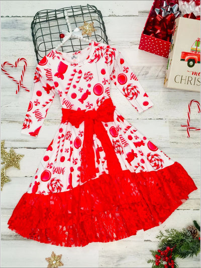 Girls A-Line Long Sleeve Lace Ruffled Hem and Sash Twirl Dress - Girls Christmas Dress