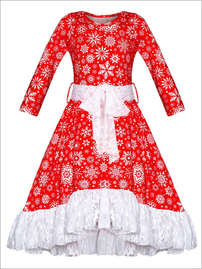 Girls A-Line Long Sleeve Lace Ruffled Hem and Sash Twirl Dress - Red / 2T/3T - Girls Christmas Dress