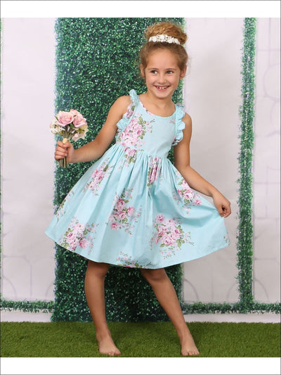 Girls A-Line Mint Sleeveless Ruffled Floral Print Dress - Girls Spring Dressy Dress