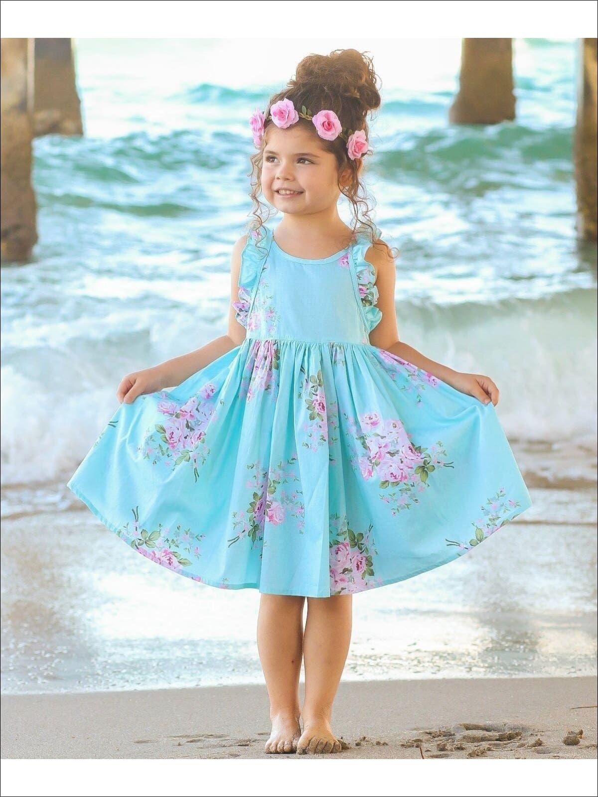 Girls A-Line Mint Sleeveless Ruffled Floral Print Dress - Girls Spring Dressy Dress