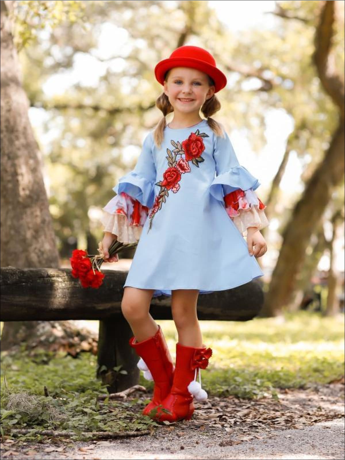 Girls A-Line Ruffled Long Sleeve Dress with Rose Embroidery - Girls Fall Casual Dress