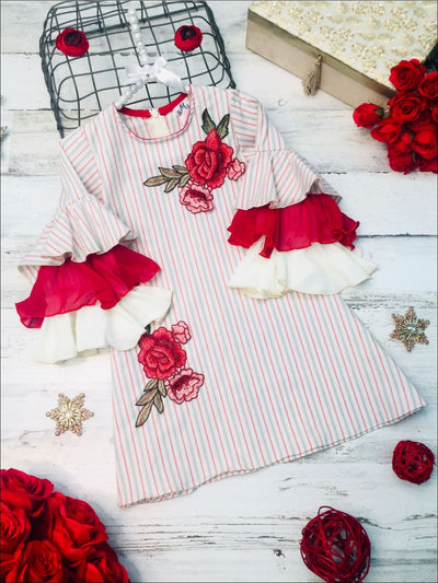 Girls A-Line Ruffled Long Sleeve Dress with Rose Embroidery - Beige / 2T/3T - Girls Fall Casual Dress