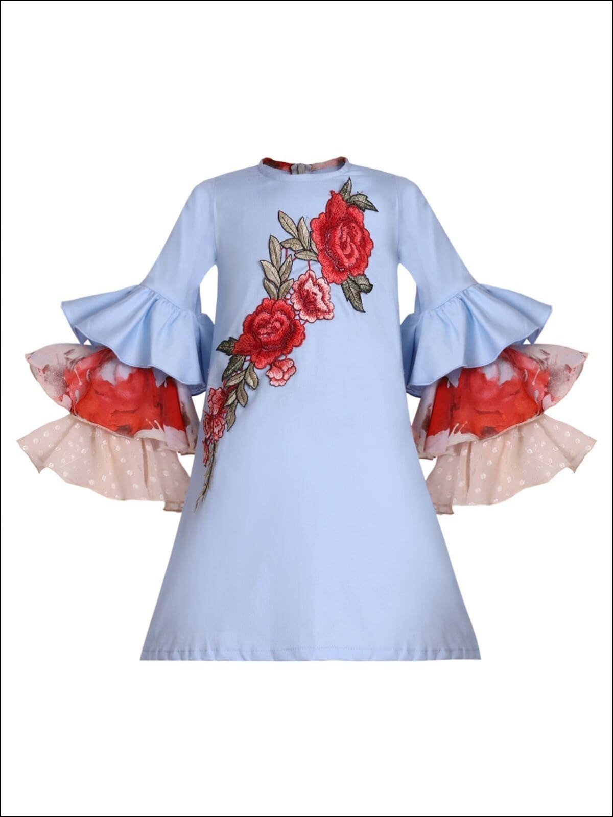Girls A-Line Ruffled Long Sleeve Dress with Rose Embroidery - Blue / 2T/3T - Girls Fall Casual Dress