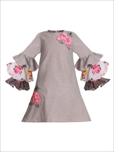 Girls A-Line Ruffled Long Sleeve Dress with Rose Embroidery - Brown / 2T/3T - Girls Fall Casual Dress