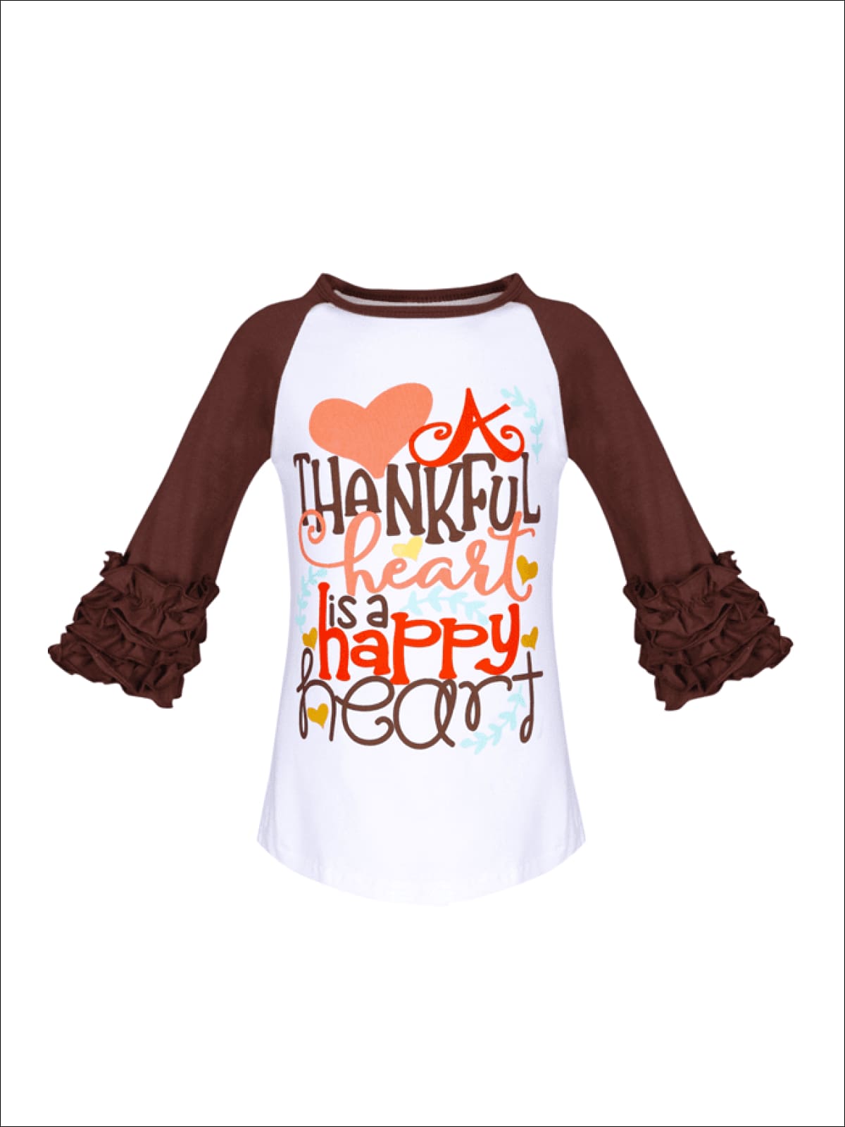 Girls A Thankful Heart is a Happy Heart Graphic Raglan Top with 3/4 Ruffled Sleeves - White / S-3T - Girls Fall Top