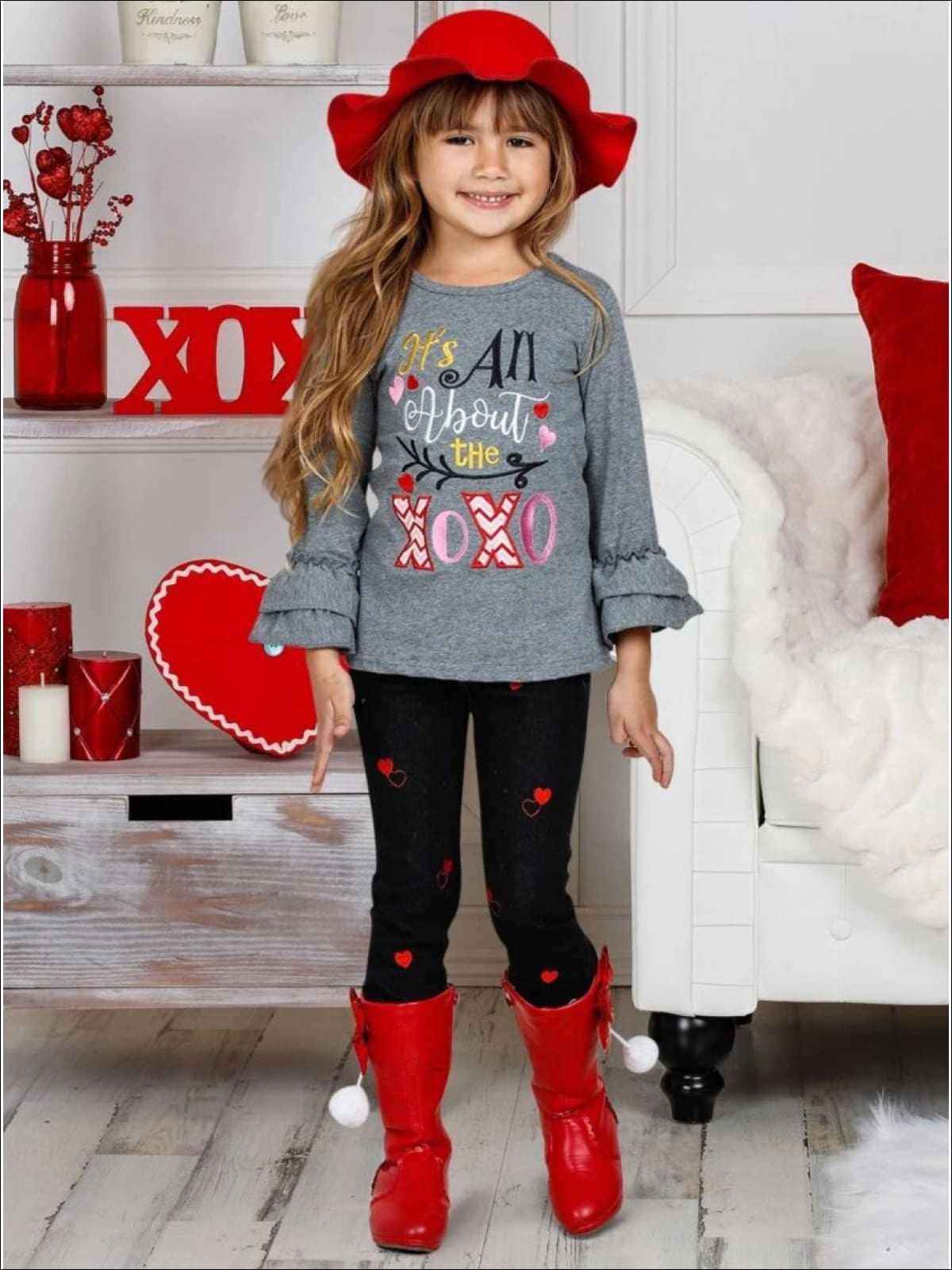 Girls All About the XOXO Ruffled Top & Heart Patch Jeans - Girls Fall Casual Set