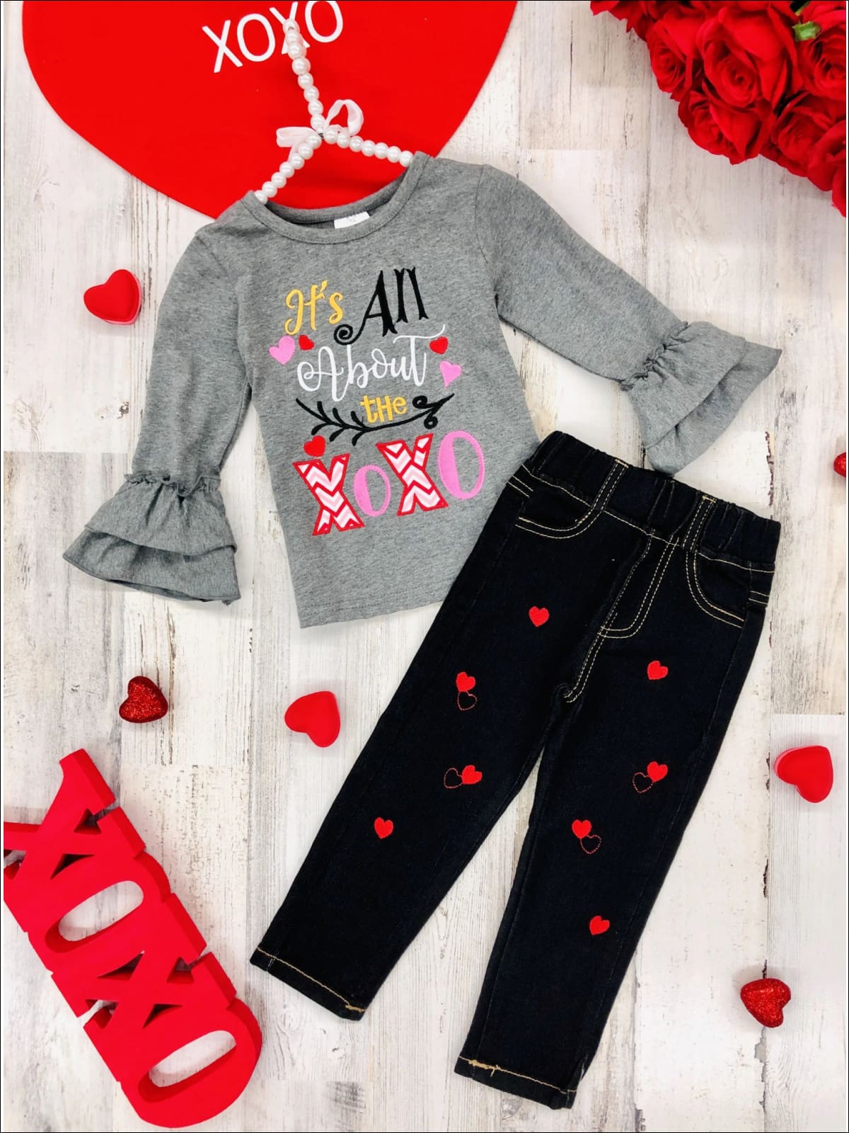 Girls All About the XOXO Ruffled Top & Heart Patch Jeans - Grey / 2T - Girls Fall Casual Set