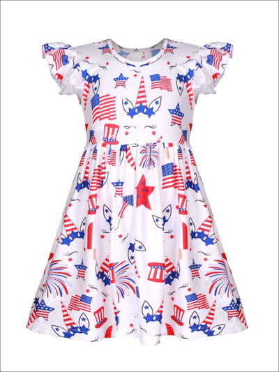 Girls American Flag Unicorn Print A-Line Flutter Sleeve Dress - Girls 4th of July Dress
